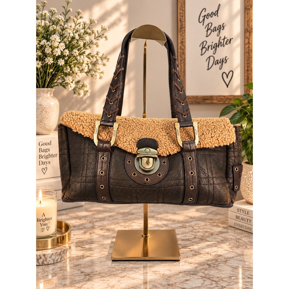 UGG Australia Brown Leather Shearling Trim Shoulder Bag Vintage Grommet Hobo